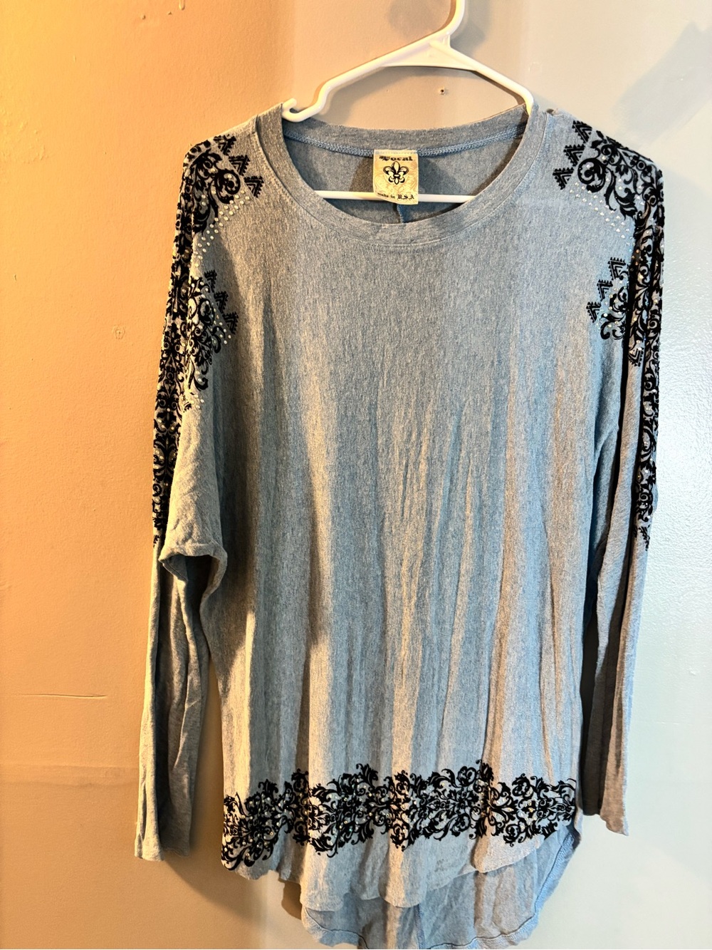 Vocal Gray Long Sleeve Top with Black Embroidered Trim
